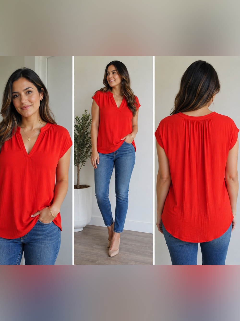 Rachel Roy Orange Split Neck Blouse Size L Lightweight Flowy Cap Sleeve Top